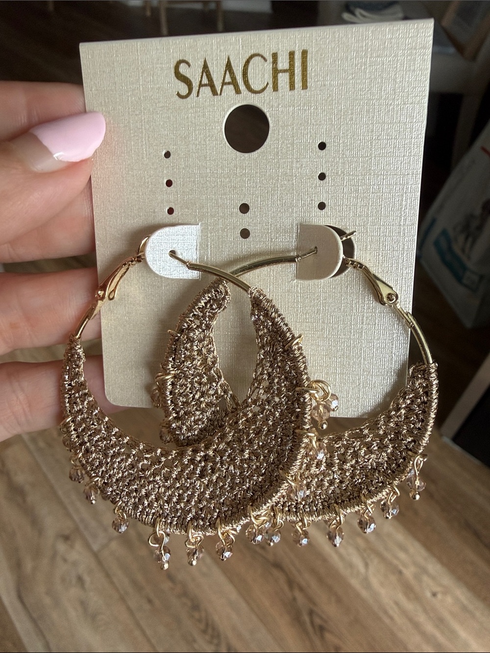 SAACHI Gold Crochet Crescent Hoop Earrings with Crystal Dangles